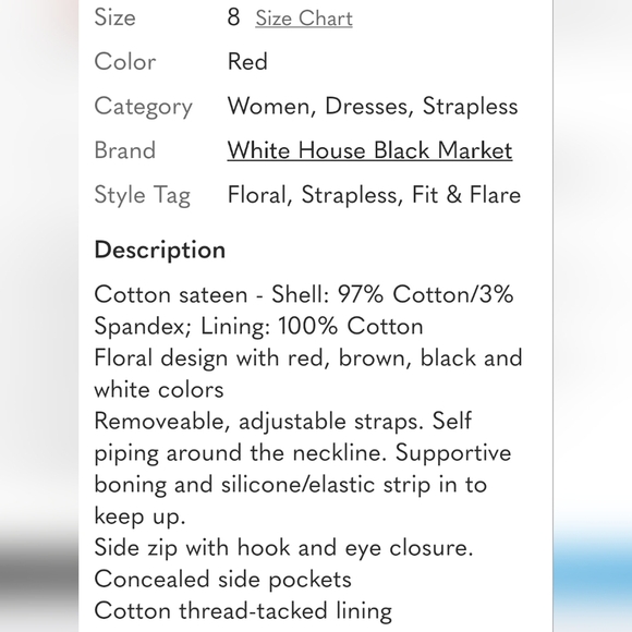 White House Black Market Red Floral Strapless Fit N Flare Dress Size 8 - Picture 4 of 5